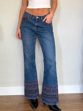 GAP Blue Denim Bootcut Jeans with Multicolor Embroidered Hem
